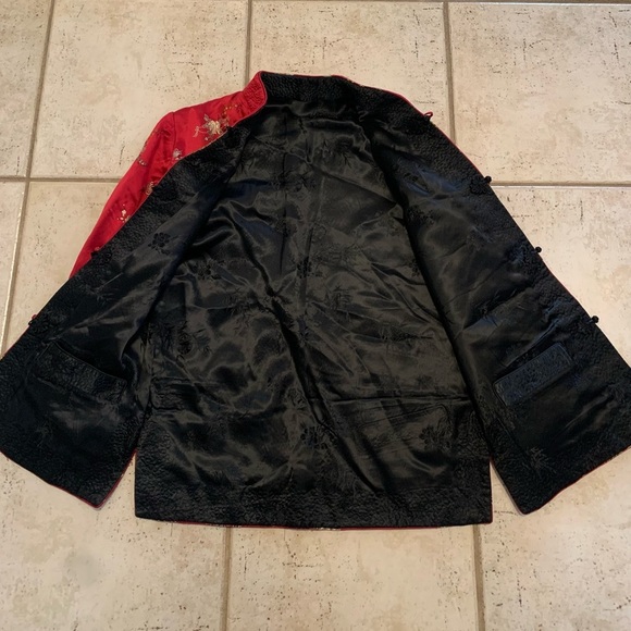 Vintage Red & Black Embroidered Jacket Chinese Style Mandarin Frog Closure Coat - Picture 6 of 8